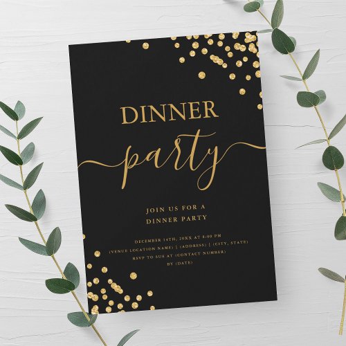 Gold Glitter Confetti Script Dinner Party Black Invitation