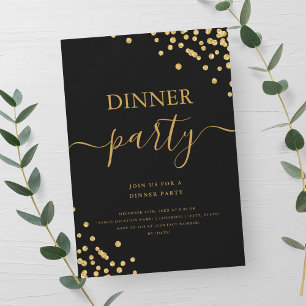 Gold Glitter Confetti Script Dinner Party Black Invitation
