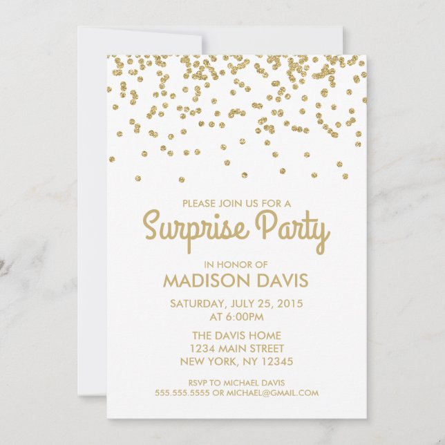 Gold Glitter Confetti Surprise Birthday Party Invitation (Front)