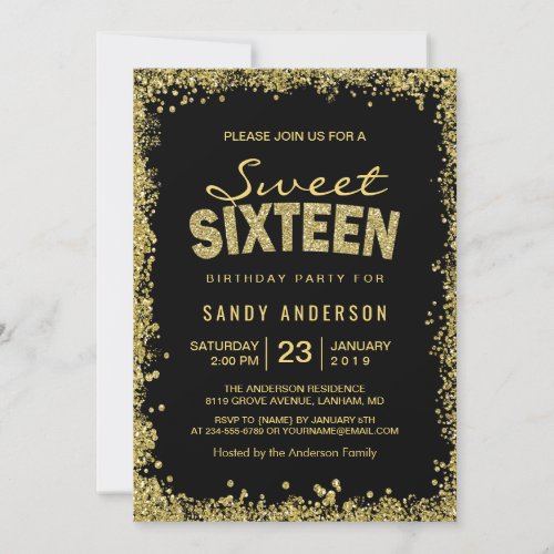 Gold Glitter Confetti | Sweet 16 Sixteen Birthday Card
