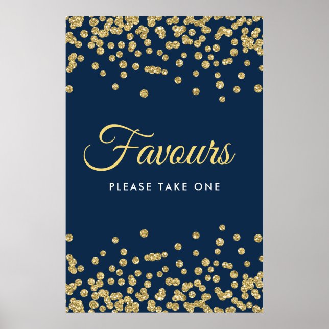 Gold Glitter Confetti Wedding Favors Navy Poster (Front)