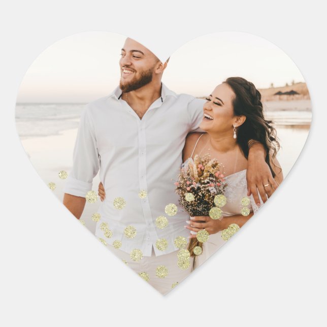Gold Glitter Confetti Wedding Photo Heart Sticker (Front)