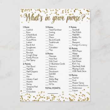 Gold Glitter Confetti What's In Your Purse Game Postcard by weddingsnwhimsy at Zazzle