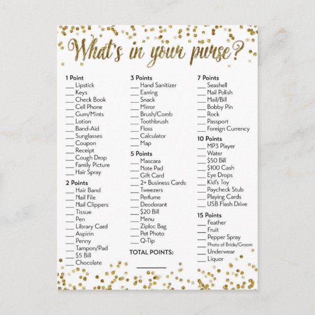 Gold Glitter Confetti What's in your Purse Game Postcard (Front)