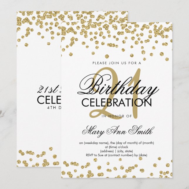 Gold Glitter Confetti White 21st Birthday Invitation (Front/Back)