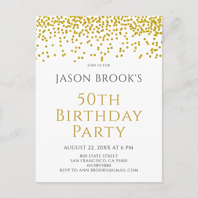 Gold Glitter Confetti White 50th Birthday Invitation Postcard (Front)