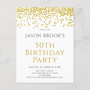 Gold Glitter Confetti White 50th Birthday Invitation Postcard