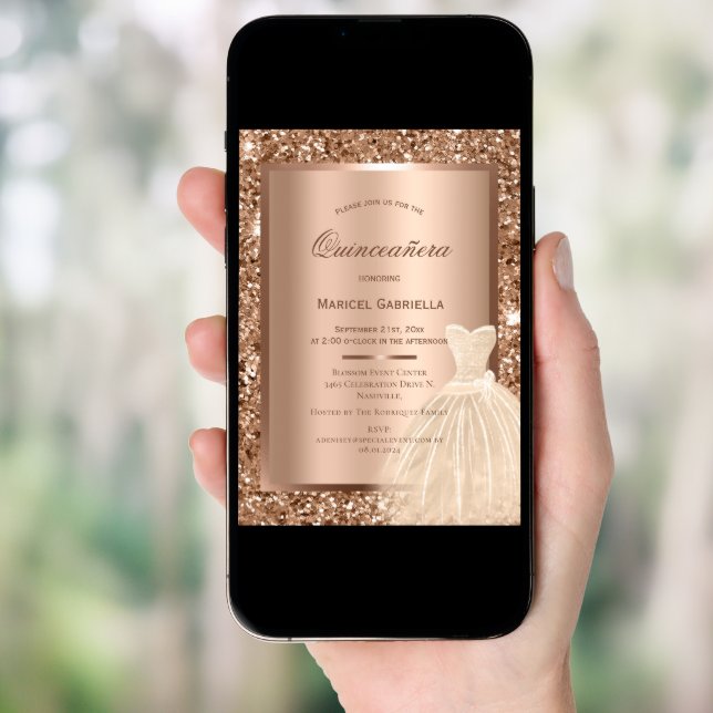 Gold Glitter Copper Metallic Elegant Quinceañera Invitation (Front Digital)