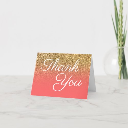 Gold Glitter Coral Ombre Elegant Calligraphy Thank You Card
