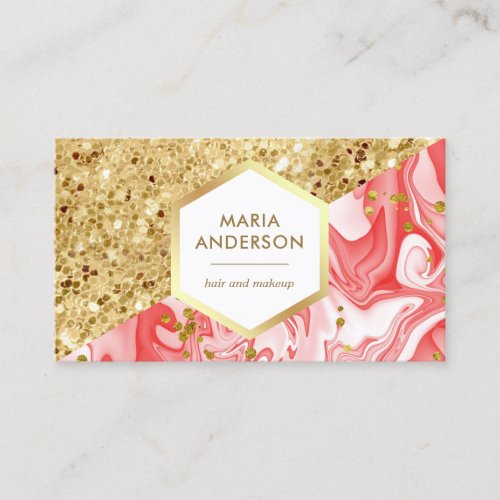Gold Glitter Coral Pink Marble Makeup Artist Business Card