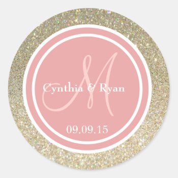 Gold Glitter & Coral Pink Wedding Monogram Classic Round Sticker by Mintleafstudio at Zazzle