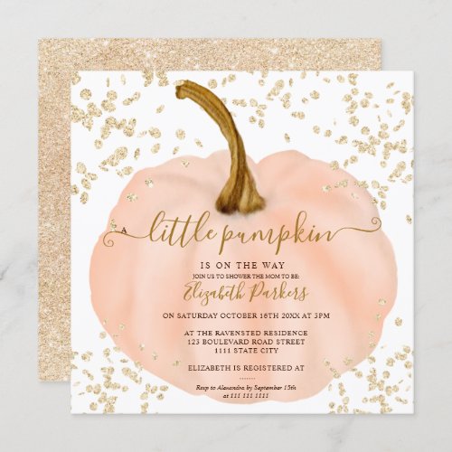 Gold glitter coral pumpkin watercolor baby shower invitation