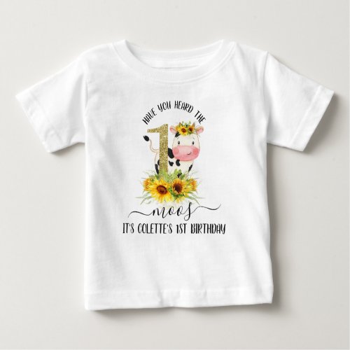 Gold Glitter Cow Sunflowers 1st Birthday T Shirt