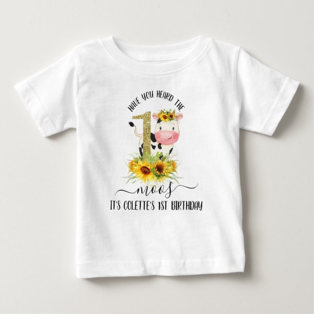 Gold Glitter Cow Sunflowers 1st Birthday T Shirt (Front)