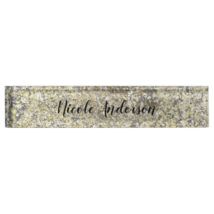 Gold Glitter Crackle Modern Chic Glam Sparkle Desk Name Plate