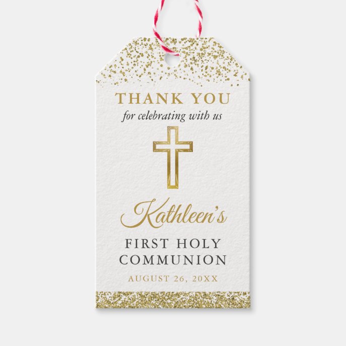 Gold Glitter Cross First Holy Communion Thank You Gift Tags