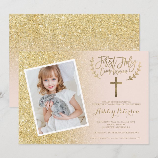 Gold glitter cross pink photo First Holy Communion Invitation (Front/Back)