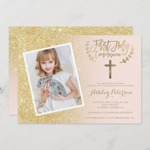 Gold glitter cross pink photo First Holy Communion Invitation