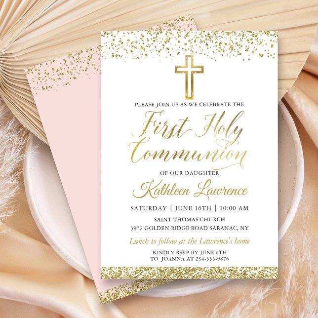 Gold Glitter Cross Script First Holy Communion Invitation (Creator Uploaded)