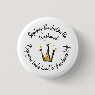 Gold Glitter Crown Bachelorette Weekend Party Button