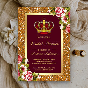 Gold Glitter Crown Burgundy Floral Bridal Shower Invitation