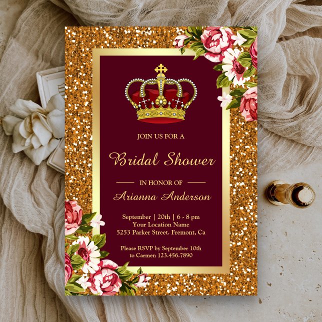 Gold Glitter Crown Burgundy Floral Bridal Shower Invitation (Creator Uploaded)