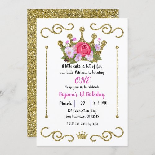 Gold Glitter Crown Floral 1 ONE 1st Birthday Party Invitation