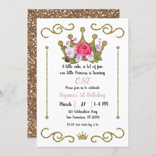 Gold Glitter Crown Floral 1 ONE 1st Birthday Party Invitation