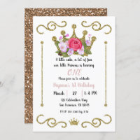 Gold Glitter Crown Floral 1 ONE 1st Birthday Party Invitation