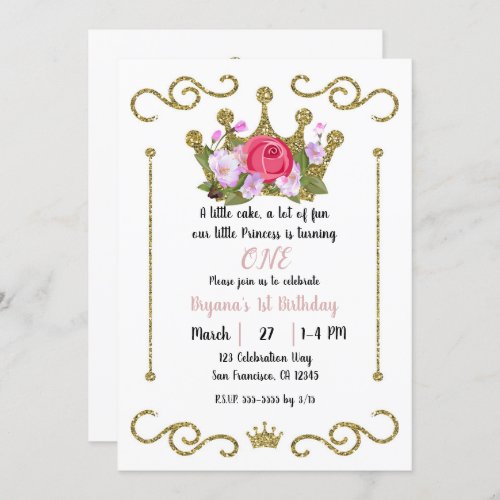 Gold Glitter Crown Floral 1 ONE 1st Birthday Party Invitation