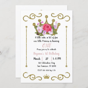 Gold Glitter Crown Floral 1 ONE 1st Birthday Party Invitation