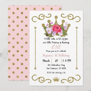 Gold Glitter Crown Floral Dots 1 ONE 1st Birthday Invitation