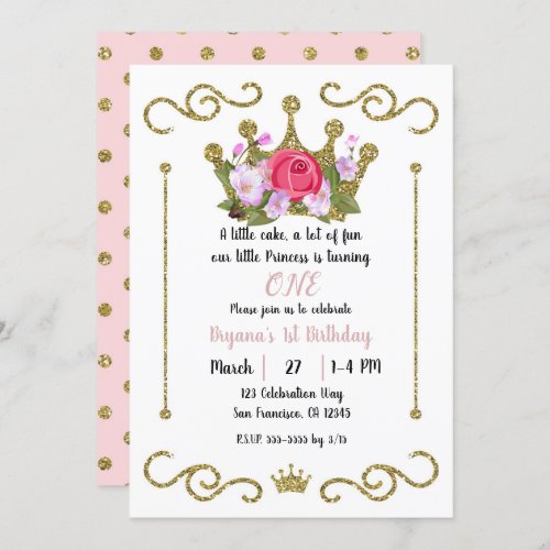 Gold Glitter Crown Floral Dots 1 ONE 1st Birthday Invitation