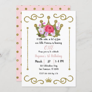 Gold Glitter Crown Floral Dots 1 ONE 1st Birthday Invitation