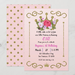 Gold Glitter Crown Floral Dots Pink 1st Birthday Invitation
