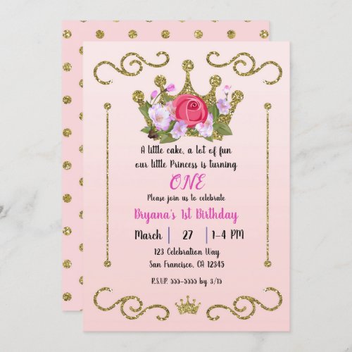 Gold Glitter Crown Floral Dots Pink 1st Birthday Invitation