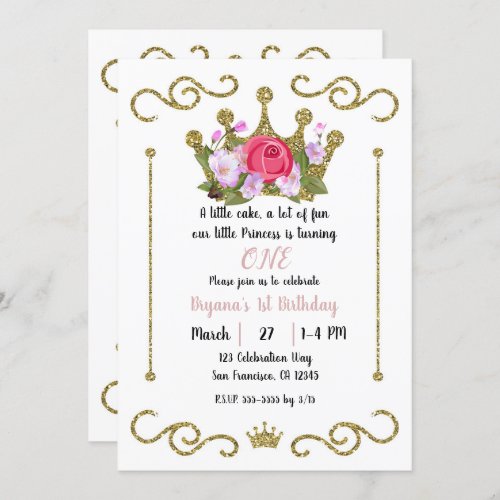 Gold Glitter Crown Floral Photo 1st Birthday Party Invitation