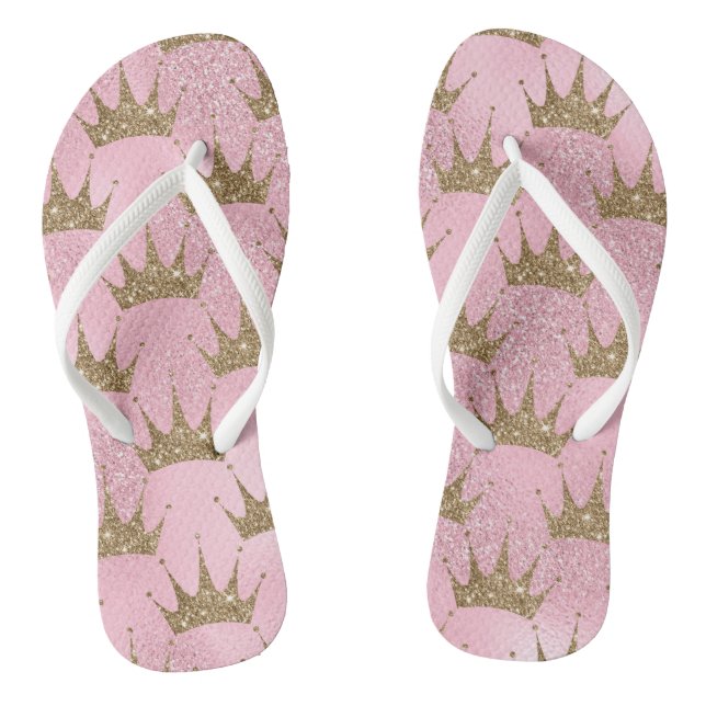 Gold Glitter Crown Print Flip Flops (Footbed)
