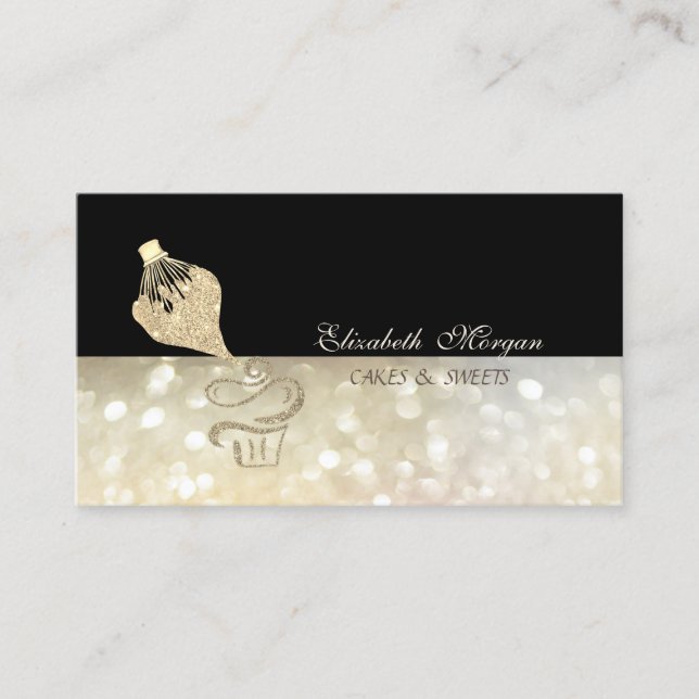 Gold Glitter Cupcake Piping Bag Black Black Business Card (Front)