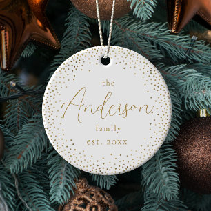 Gold Glitter Custom Family Name Script Christmas Ceramic Ornament
