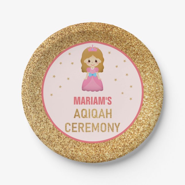 Gold Glitter Cute Little Princess Aqiqah Paper Plates (Front)