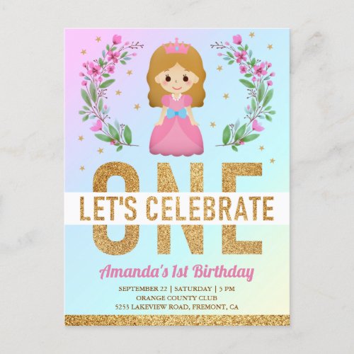 Gold Glitter Cute Pink Princess 1st Birthday Party Invitation Postcard