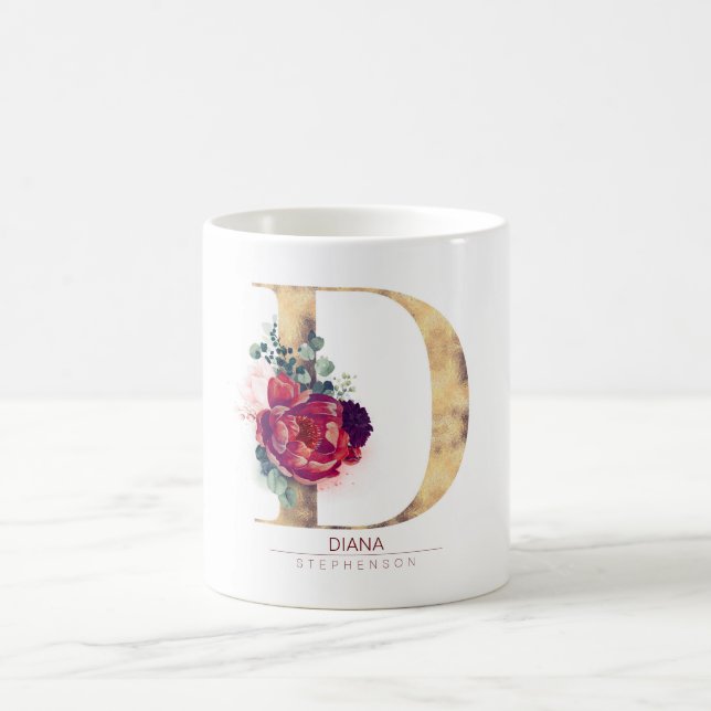 Gold Glitter D Monogram Floral Burgundy Red Coffee Mug (Center)