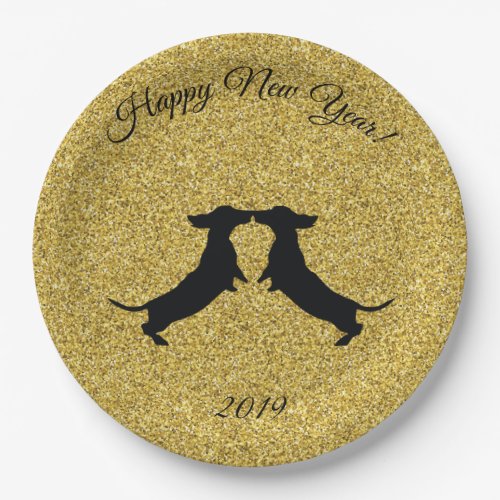 Gold Glitter Dachshund Happy New Year Party Plates