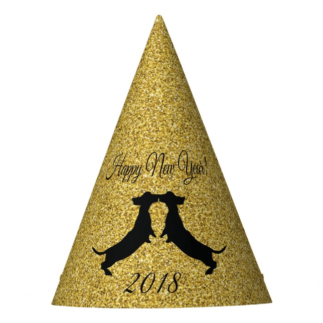 Gold Glitter Dachshund New Year Party Hat (Front)