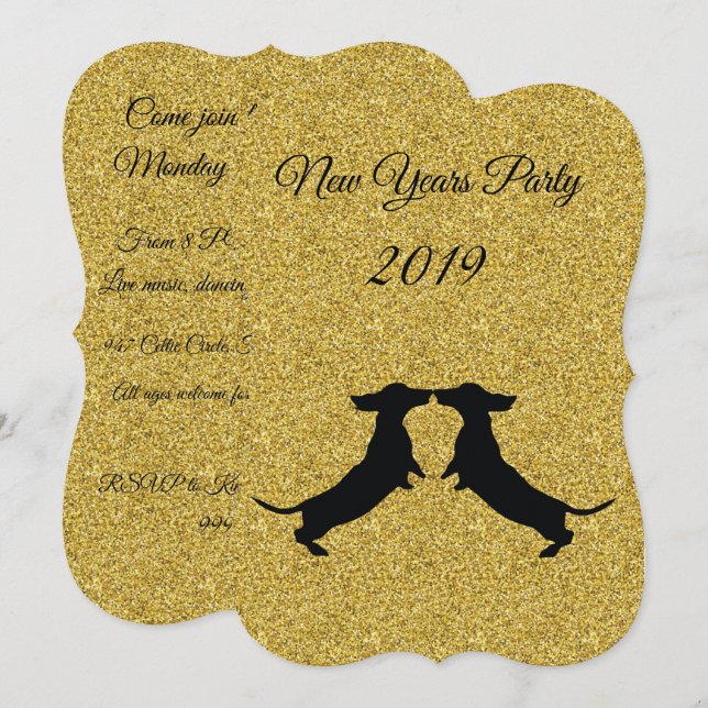 Gold Glitter Dachshund New Year Party Invitation (Front/Back)