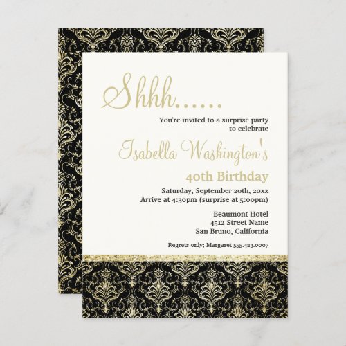 Gold Glitter Damask 40th Surprise Birthday Party Invitation - Gold Glitter Damask 40th Surprise Birthday Party by Eugene Designs. Celebrate your surprise birthday party with these classy, elegant gold glitter damask on black. On the front, there are template fields where you can put your own details on a pale yellow background, and at the bottom there is a gold glitter stripe and damask on a black background. On the reverse, there is a floral damask pattern on a black background.
PLEASE NOTE: the gold glitter is a digital effect, all Zazzle invitations are flat printed, there is no real gold glitter.