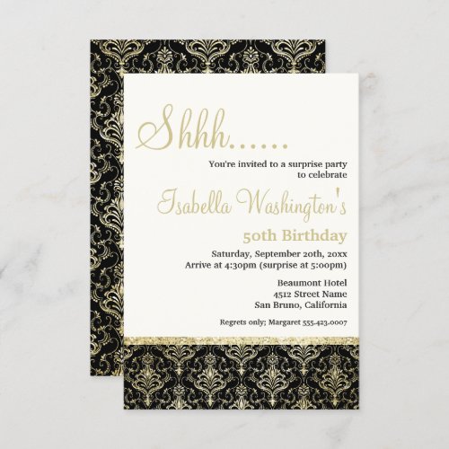 Gold Glitter Damask 50th Surprise Birthday Party Invitation - Gold Glitter Damask 50th Surprise Birthday Party by Eugene Designs. Celebrate your surprise birthday party with these classy, elegant gold glitter damask on black. On the front, there are template fields where you can put your own details on a pale yellow background, and at the bottom there is a gold glitter stripe and damask on a black background. On the reverse, there is a floral damask pattern on a black background.
PLEASE NOTE: the gold glitter is a digital effect, all Zazzle invitations are flat printed, there is no real gold glitter.