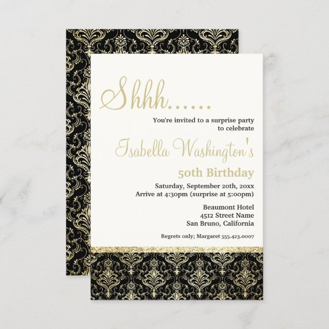 Gold Glitter Damask 50th Surprise Birthday Party Invitation (Front/Back)