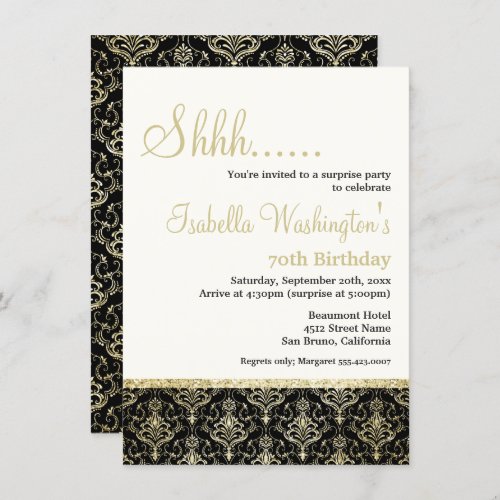 Gold Glitter Damask 70th Surprise Birthday Party Invitation - Gold Glitter Damask 70th Surprise Birthday Party by Eugene Designs. Celebrate your surprise birthday party with these classy, elegant gold glitter damask on black. On the front, there are template fields where you can put your own details on a pale yellow background, and at the bottom there is a gold glitter stripe and damask on a black background. On the reverse, there is a floral damask pattern on a black background.
PLEASE NOTE: the gold glitter is a digital effect, all Zazzle invitations are flat printed, there is no real gold glitter.